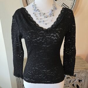 Ambiance Black Lace Overlay Long Sleeve Top With V Back and Lace Detailing. NWOT
